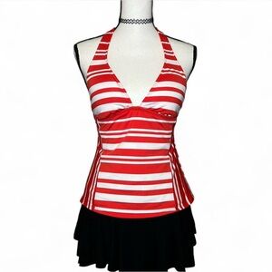 Kenneth Cole New York Red and White Striped Halter Tankini Swim Top